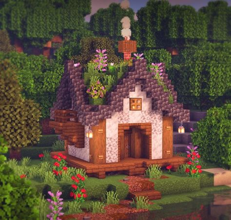 Cute Small Village Houses Minecraft, Cute Minecraft Houses Cottage Easy, Cute Minecraft Homes Cottage, Minecraft House Cute Cottage, Simple Minecraft Cottage Tutorial, Small Cottage Homes Minecraft, Minecraft Enchanting Building, Earthy Minecraft House, Plant Shop Minecraft