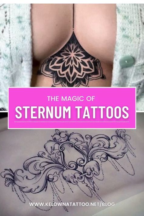 Chest Tattoo Female Sternum, Breast Bone Tattoos For Women, Tattoo Ideas Female Between Breast, Sternum Tattoo Plus Size Women, Womens Sternum Tattoo, Center Chest Tattoo Female, Tattoos Under Breast, Under Breast Tattoos For Women, Tattooed Plus Size Women