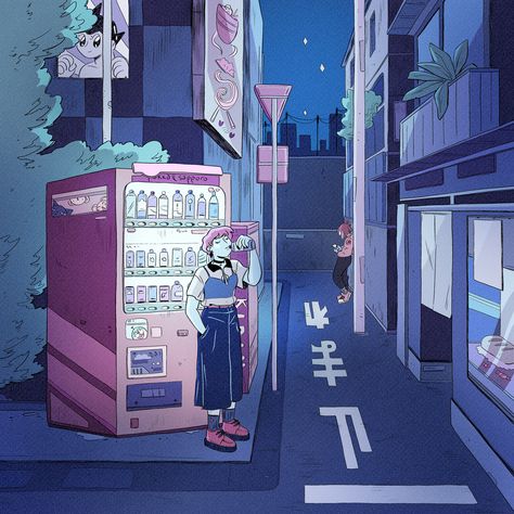 Japan Street Illustration, Japanese Street Drawing, Japan Street Drawing, Japan Street Art, Pastel Japan, Street Drawing, Chill Art, Vertical City, Japanese Pop Art