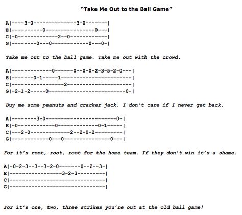 Take Me Out to the Ball Game Ukulele Fingerpicking Pattern Ukulele Picking Songs, Ukelele Tabs Fingerpicking Disney, Finger Picking Ukulele Songs, Ukulele Riffs, Ukulele Tabs Fingerpicking, Finger Picking Ukulele Patterns, Build Me Up Buttercup Ukulele, Ukulele Picking, Finger Picking Ukulele