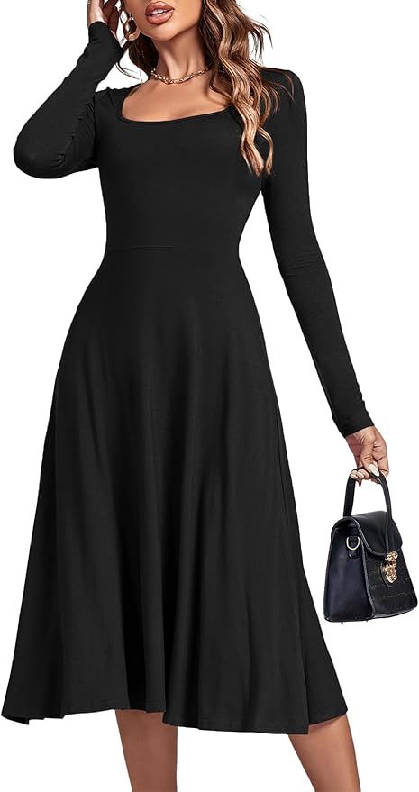 Amazon.com: LYANER Women's Square Neck Long Sleeve Empire Waist A Line Flare Solid Midi Dress : Clothing, Shoes & Jewelry Long Sleeve Fall Dress, Solid Midi Dress, Square Neck Long Sleeve, Fall Dress, Dress Long Sleeve, Dress For Women, Empire Waist, Square Neck, High Neck Dress