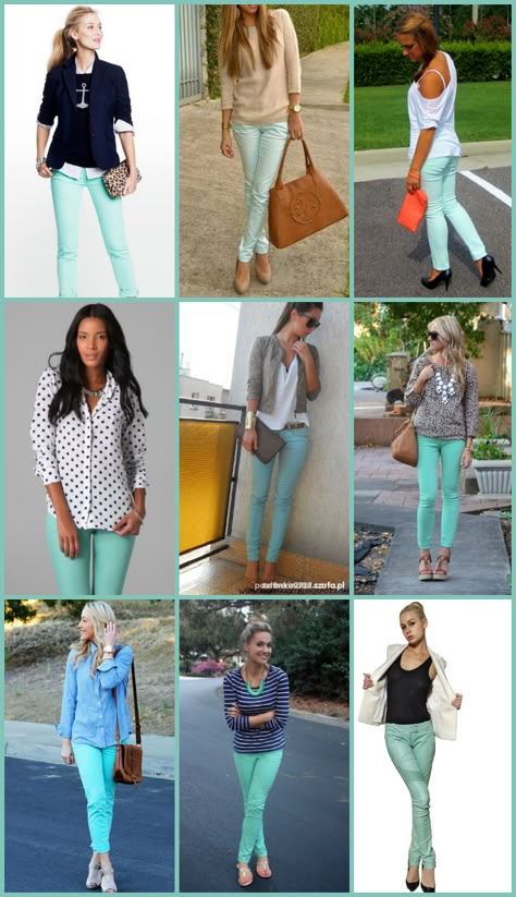 lots of different ways to wear mint jeans in the winter Mint Green Pants Outfit, Mint Pants Outfit, Mint Green Jeans, Mint Green Pants, Mint Pants, Mint Jeans, Green Pants Outfit, Neon Prom Dresses, Wardrobe Pieces