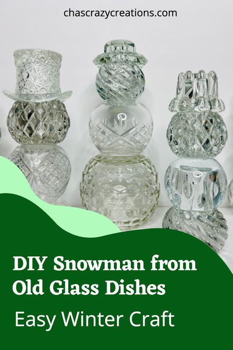 DIY snowman from old glass dishes easy winter craft Glass Dish Decor Ideas, Glass Garden Art Diy Creative Ideas, Glass Bowl Snowman Diy, Glass Bowl Christmas Tree Diy, Glass Snowman Diy, Diy Glass Christmas Tree, Crystal Bowl Decor Ideas, Upcycled Christmas Crafts, Thrifting Crafts