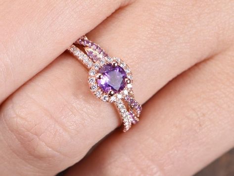 Rings Engagement Amethyst, Rose Gold Amethyst Ring With Gemstone Accents For Wedding, Elegant Rose Gold Amethyst Ring With Center Stone, Elegant Rose Gold Amethyst Ring, Formal Rose Gold Amethyst Ring With Center Stone, Classic Rose Gold Amethyst Rings, Amethyst Engagement Ring, Lavender Engagement Ring, Purple Wedding Rings