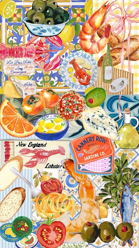 #food #mediterranean #foodcollage #foodaesthetic #illustration Mediterranean Food Illustration, Cultured Aesthetic, Mediterranean Illustration, Pisces Party, Potluck Themes, Mediterranean Theme, Food Mediterranean, Greek Diet, Pop Art Food