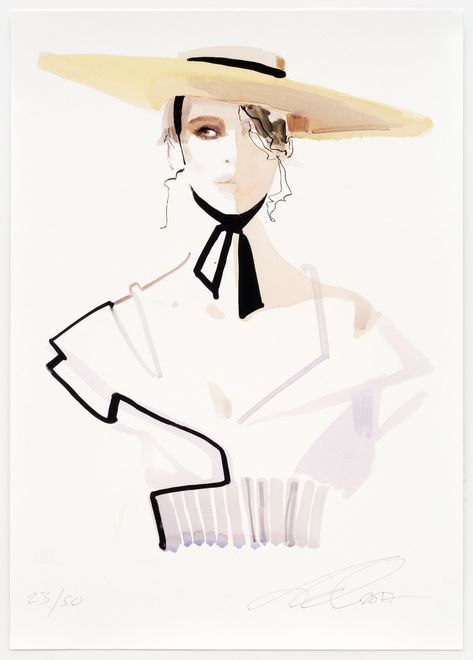 David Downton My Theresa 2017 Digital inkjet pigment print. I find this print enticing. It's hinting at finality whilst suggesting it is not yet complete. I like the contrasting pale palette with the black accents. It makes the whole thing silently scream. Very understated. I plan on using the style of unfinishing in my own illustrations. Pale Palette, Fashion Illustration Face, David Downton, Sketches Ideas, Fashion Illustration Watercolor, Fashion Illustrations Techniques, Illustration Techniques, Watercolor Fashion, Fashion Design Portfolio