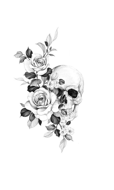 Female Skull Drawing, Skull Female Tattoo, Skull Flower Tattoo Women, Skull Tattoo Design Women, Skull Hip Tattoo, Feminine Skull Tattoo Sleeve, Skull And Floral Tattoo, Floral Skull Tattoos For Women, Skull With Roses Drawing