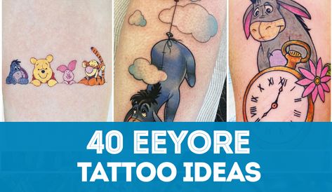 With Eeyore's humble and simple character, it's no wonder why he has become a popular tattoo choice for Winnie the Pooh fans. Eeorye Tattoos, Winnie The Pooh Tattoo Eeyore, Eeyore Tattoo Ideas, Eeyore Tattoo Simple, Winnie The Pooh Tattoo Ideas, Eeyore Memorial Tattoo, Eeyore Sketch Tattoo, Disney Tattoos Eeyore, Winnie The Pooh Tattoo