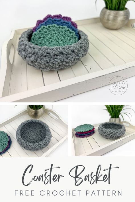 Upgrade your home decor and keep your coasters organized with this Free Crochet Pattern for Coaster Holder Basket. This simple and speedy crochet pattern creates a functional and stylish solution for displaying your coasters in a charming way. Crochet Coasters With Basket Free Pattern, Crochet Coaster And Holder, Coaster Holder Crochet, Crochet Coasters And Holder Free Pattern, Crochet Coaster Basket Free Pattern, Crochet Coaster Holder Free Pattern, Free Coaster Crochet Patterns, Crochet Coaster Holder, Gift Ideas On A Budget