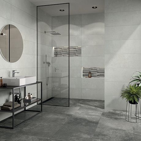 Villeroy and Boch Atlanta Night Grey Wall & Floor Tiles - 600 x 600mm White Shower Gray Floor Bathroom, Big Grey Tiles Bathroom, Grey Floor Bathroom, Grey Tile Bathroom, White Tile Bathroom Walls, Luxury Small Bathroom, Grey And White Bathroom, Grey Bathroom Tiles, Grey Floor