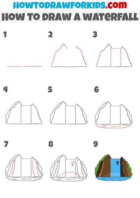 how to draw a waterfall step by step Waterfalls Drawing Easy, Easy Waterfall Drawing, How To Draw Waterfall, How To Draw A Waterfall, Water Fall Drawing Easy, Waterfall Doodle, Waterfall Drawing Pencil, Waterfall Painting Easy Step By Step, Waterfall Art Tutorial