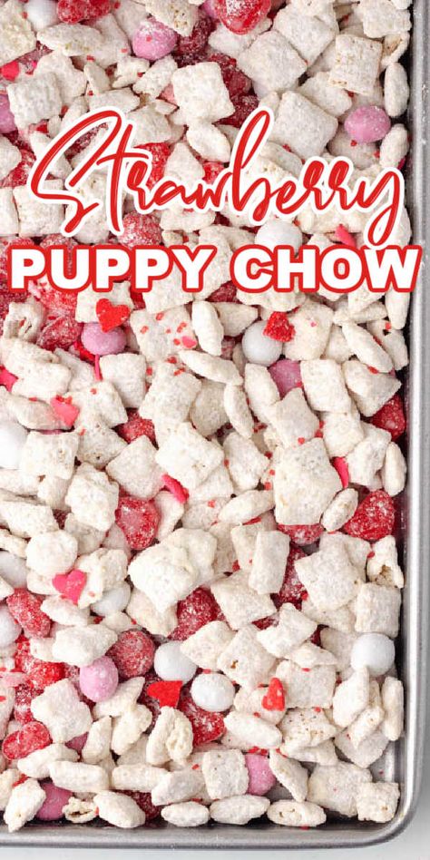 Strawberry puppy chow also known as Strawberry muddy buddies is a fun and tasty treat that the kids will love and is perfect for Valentine’s Day. Chex mix cereal coated in chocolate, cake mix and candies to make a fun and tasty treat. Strawberry Cheerios Recipes, Valentines Puppy Chow Chex Mix Recipe, Chex Mix Valentines Day, Strawberry Muddy Buddies Recipe, Valentine’s Day Puppy Chow, Strawberry Shortcake Muddy Buddies, Valentines Day Puppy Chow, Valentine Puppy Chow Recipe, Valentines Day Chex Mix Recipe