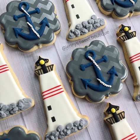 Lighthouse Cookies Decorated, Nautical Cookies Decorated, Memorial Cookies, Lighthouse Cookies, Fancy Sugar Cookies, Nautical Cookies, Cookies 2023, Royal Icing Decorated Cookies, Christmas Sugar Cookies Decorated