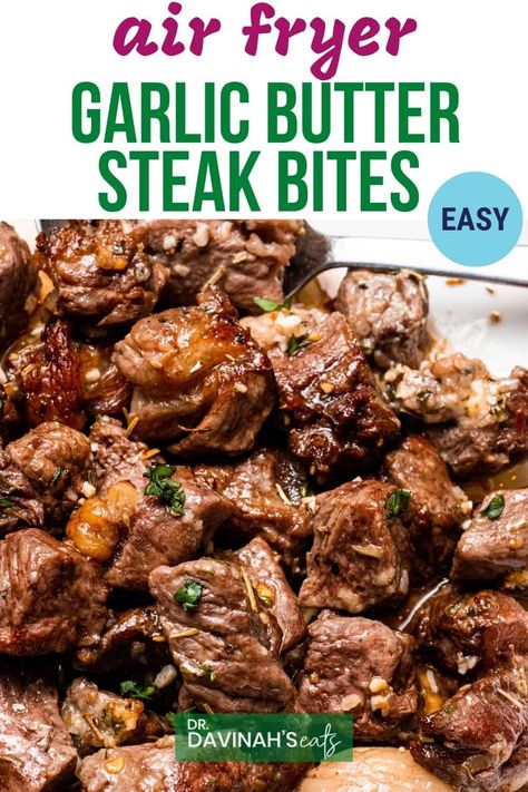 Diy Garlic Butter, Steak Bites Recipes, Garlic Steak Bites, Airfry Recipes, Air Fryer Steak Bites, Garlic Butter Steak Bites, Butter Steak Bites, Air Fryer Garlic, Steak Bites Recipe