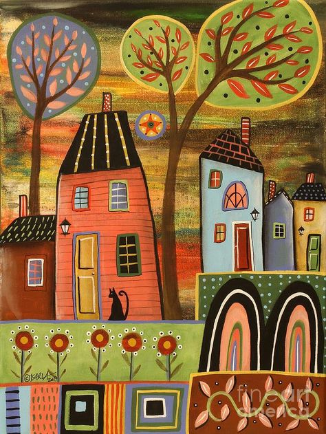 Folk Art Patterns, Karla Gerard, Art Houses, Painting Cat, Giant Art, Art Patterns, Pink House, Landscape Canvas Art, Pink Houses