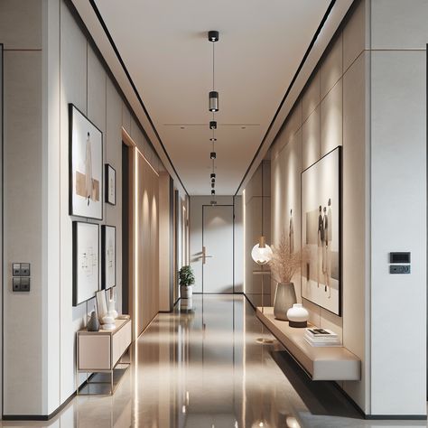 Create an image of a modern contemporary style hallway. The color palette should include neutral tones such as beige, white, and light grey. The hallway should have recessed lighting for a sophisticated look, and should feature elements like a wall-mounted console table, a lean mirror, artwork, and stylish pendant lights. The flooring can be made of polished concrete for an industrial contrast. Images like this can serve as an inspiration for a remodeling project. Modern Corridor Design Home, Corridor Ceiling Design Home, Minimalist Corridor Design, Hallways Interior Design, Ceiling Design Corridor Modern, Classic Corridor Design, Luxury Corridor Design Home, Hotel Corridor Design Hallways, Modern Hallway Design