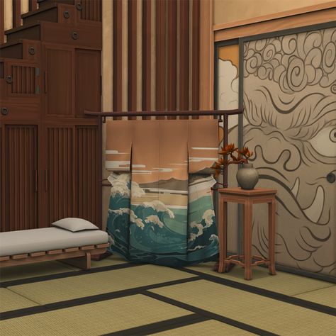 Images - KYOTO Part 2 - Build / Buy - The Sims 4 - CurseForge Modern Chinese Decor, Sims 4 Japanese House, Japan Living Room, Living Room Sims 4, Japanese Door, Japanese Style House, Sims 4 Anime, Japanese Interiors, Japan Painting