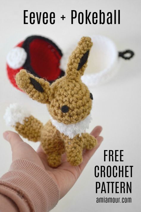 Free Eevee Amigurumi Crochet Pattern with Pokeball! Gotta Crochet Em All! #amigurumipattern#freecrochetpattern #crochetpattern #crochetlove Evee Pokemon Crochet Pattern, Crochet Pokemon Eevee, Eevee Amigurumi Pattern Free, Cute Crochet Pokemon, Lapras Crochet Pattern Free, Jigglypuff Crochet Pattern Free, Emotional Support Crochet Pattern Free, Crochet Animal Crossing Pattern Free, Crochet Pokemon Keychain