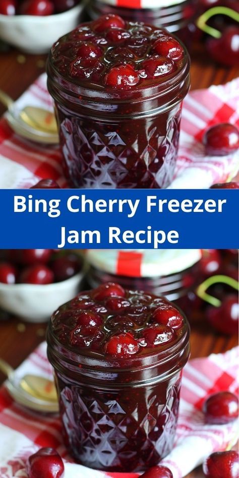 Looking for cherry dessert ideas? Our Bing Cherry Freezer Jam Recipe is ideal! This flavorful cherry jam is perfect for dessert recipes and adds a delightful touch to your cherry dishes. Cherry Freezer Jam, Cherry Jelly Recipes, Jam With Pectin, Cherry Recipe, Fresh Cherry Recipes, Cherry Jam Recipes, Freezer Jam Recipes, Bing Cherries, Homemade Pantry