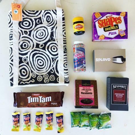 My daughter recently went on an overseas school exchange. I put together a thank you pack for her hosts with some of our Aussie favourites. Aboriginal Art Tote Buddy Gifts, Chocolate Macadamia, Australian Gifts, Tim Tam, Aboriginal Artists, Spare Room, Welcome Gifts, Gift Packs, Gift Hampers