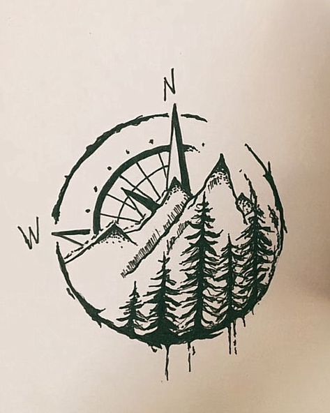 Nature Compass Tattoo Design, Adventure Compass Tattoo, Masculine Nature Tattoos, Compass Forest Tattoo, Outdoorsy Tattoos Men, Off Road Tattoo, Alaska Mountain Tattoo, Adventure Tattoo Men, Mountain Compass Tattoo