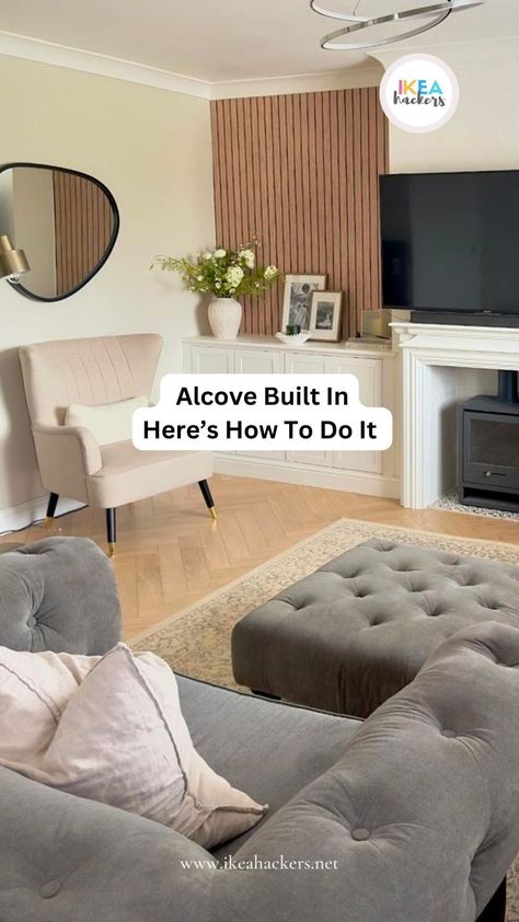 Two alcoves flanking the fireplace get a built-in. #IKEAhack https://ikeahackers.net/2024/05/alcove-built-in.html Alcove Cabinets Diy, Diy Alcove Cabinet, Ikea Alcove Storage Hack, Alcove Storage Tv, Living Room Alcoves, Ikea Alcove Hack, Ikea Hack Alcove Cupboard, Tv Unit Ideas Living Room Alcove, Tv Unit Alcove