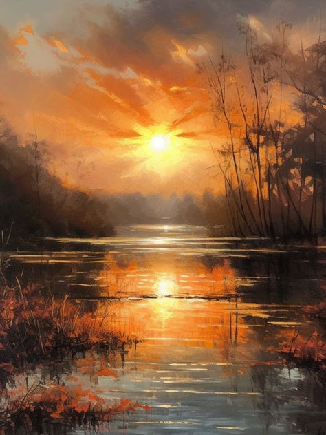 Oil painting of a sunrise in the beautiful Florida everglades Oil Paint Nature, Sunset Painting Oil Paint, Beautiful Fall Pictures, Landscape Sunset Painting, Sunrise Acrylic Painting, Sunrise Paintings, Orange Sky Painting, Sunrise Art Painting, Sunrise Oil Painting