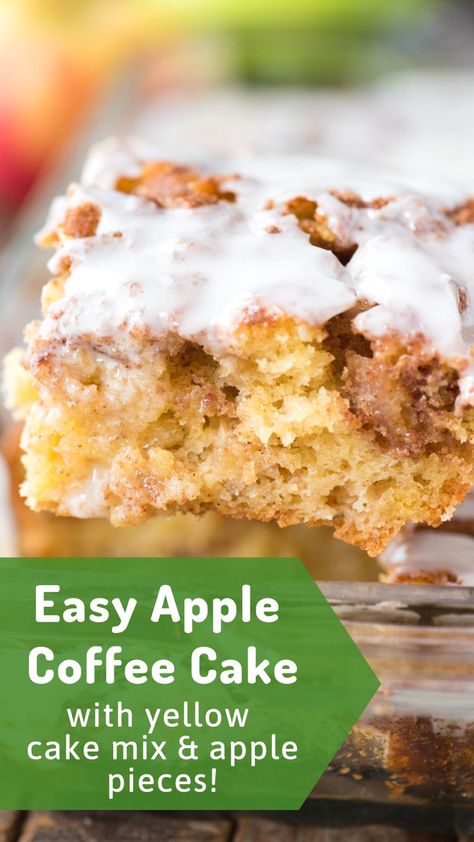 Easy apple coffee cake made with yellow cake mix, fresh apples and lots of cinnamon sugar swirled in. This easy apple cinnamon cake will become your favorite fall cake and your house will smell like Cinnabon! #applecoffeecake #cakemix #applecinnamoncake #cake #breakfastcake Cinnamon Crumb Cake, Yellow Cake Mix Recipes, Apple Coffee Cake, Apple Cinnamon Cake, Apple Coffee, Easy Apple Cake, Coffee Cake Recipes Easy, Fresh Apple Cake, Cake Mix Desserts