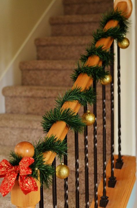 Step Railing, Deco Christmas, Stair Handrail, Holiday Dinners, Small Bows, Holiday Dinner, Its Cold Outside, Holiday Decorating, It's Cold