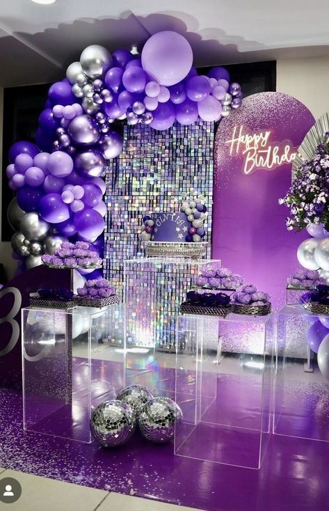 15th Birthday Decorations, Golden Birthday Parties, Balloons Galore, Glow Birthday, Bday Party Theme, Purple Birthday, Birthday Party Planning, 18th Birthday Party, Kids' Party