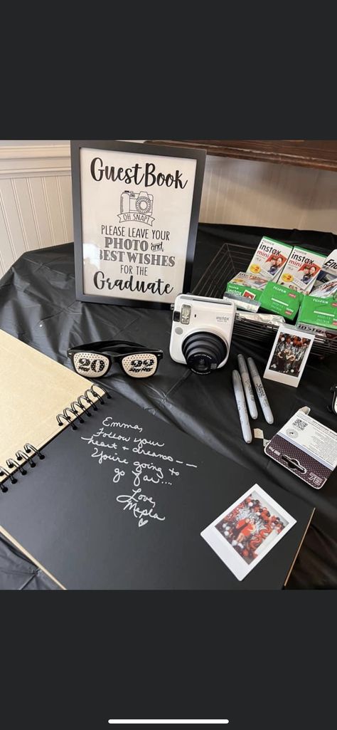 School Picture Display Grad Party, Polaroid Pictures Grad Party, Memory Table For Graduation Party, Photo Guest Book Graduation, Senior Table Display Ideas, Guest Signing Ideas For Graduation, Simple Senior Table Ideas, Graduation Party Signature Ideas, Graduation Signing Ideas Guest Books