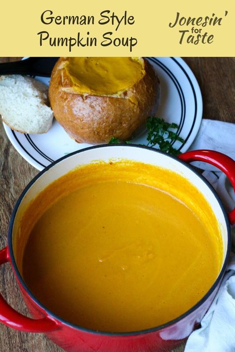 Made with canned pumpkin and veggies this rich German style pumpkin soup comes together quickly in just 30 minutes for a comforting winter soup. #jonesinfortaste #pumpkin #soup via @jonesinfortaste German Pumpkin Soup Recipe, German Pumpkin Soup, Pumpkin Recipes Dinner, Canned Pumpkin Recipes, German Cooking, Simple Soup, Apple Soup, Winter Soup, Fall Soup