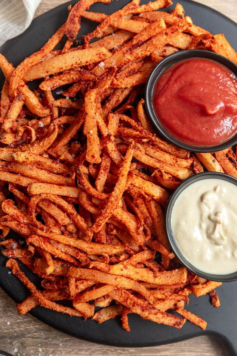 Oil-Free Jicama Fries (Air Fryer or Oven) - At Elizabeth's Table Jicama Fries Air Fryer, Jimaca Recipes, Fries Air Fryer, Air Fryer Fries, Jicama Fries, Parsnip Fries, Healthy Fries, Flavored Salts, Purple Sweet Potatoes