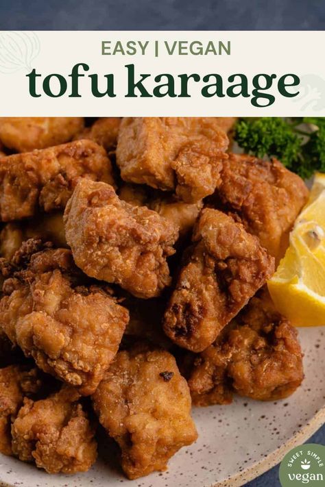 This Vegan Tofu Karaage recipe will absolutely blow your mind! It's seasoned to perfection, dredged in a simple breading, then double fried until golden and extra crispy. Serve alongside lemon, shredded cabbage and drizzle with vegan mayo for an umami flavor punch. No one will believe this Japanese fried "chicken" is made from plants. Vegan Karaage, Tofu Karaage, Fried Tofu Recipes, Tofu Casserole, Vegan Japanese Recipes, Simple Vegan Dinner, Karaage Recipe, Vegan Tofu Recipes, Japanese Tofu