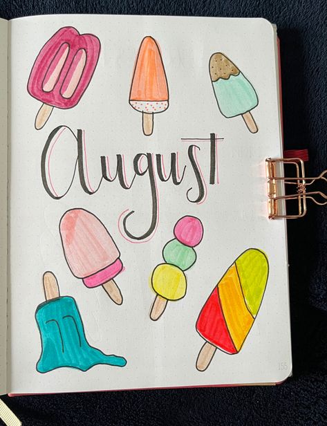 #bulletjournal #journaling #bullet #august #coverpage #popsicles #colorful Ice Cream Bullet Journal, Journal August, Bullet Journal August, Bullet Journals, Cover Pages, Popsicles, Bullet Journal, Ice Cream, Cream