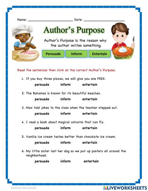 Author’s Purpose, Persuade Inform Entertain, Author's Purpose Worksheet, Authors Purpose, Library Lessons, Math Projects, Context Clues, Online Activities, School Subjects