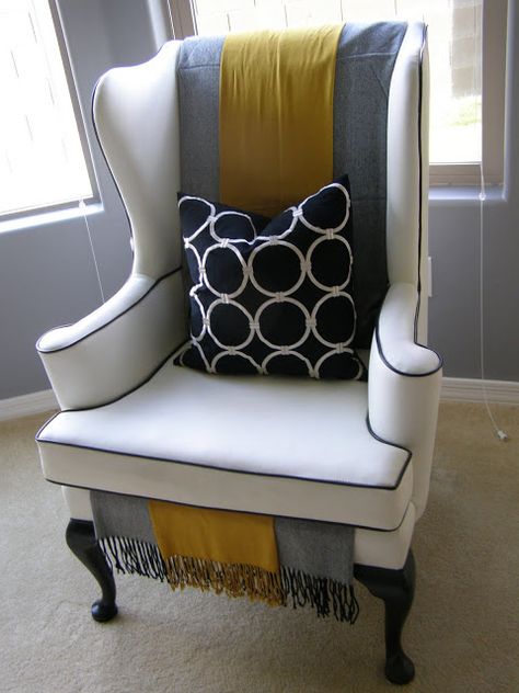 Wingback Chair Makeover Reupholstered Wingback Chair Ideas, Wingback Chair Makeover, Diy Furniture Upholstery, Wingback Chairs, Reupholster Chair, Chair Makeover, Small Living Room Decor, White Chair, Pattern Pillow