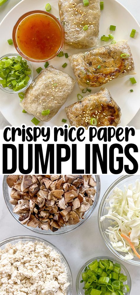 crispy rice paper rolls with tofu, cabbage, carrot, mushroom, sesame seeds, and green onion. Air Fryer Rice Paper Dumplings, Air Fryer Rice Paper Chips, Air Fryer Rice Paper Rolls, Rice Paper Dumplings Air Fryer, Fried Rice Paper Rolls, Crispy Rice Paper Rolls, Air Fryer Rice, Crispy Rice Paper Dumplings, Crispy Rice Paper