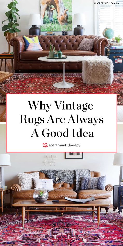 Why Vintage Rugs are Almost Always a Good Idea Living Room With Vintage Rug, Rugs For Victorian Living Room, Vintage Area Rugs Living Room, Colourful Carpet, Vintage Persian Rug Living Room, Living Room Persian Rug, Unique Rugs Living Room, Vintage Carpet Living Room, Blue Vintage Rug Living Room