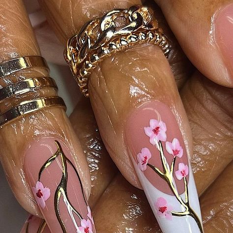 jae | sac gel nails on Instagram: "handpainted cherry blossom frenchiez + isolated chrome 🌸  i really love these 🥹  #cherryblossomnails #floralnails #floralnailart #springnails #frenchtipnails #frenchtips #coffinnails #coffinnailshape #chromenails #chromenailart #nailtrends #nailtrend #trendynails #nails2024 #nailsnailsnails #coachellanails  #concertnails #vacationnails #cleangirlaesthetic #gelxnails #sacramentonailtech #sacramentogelx #curedbyjae" Spring Nails Cherry Blossom, Cherry Blossom Inspired Nails, Isolated Chrome Nails, Cherry Blossom Quince, Japan Inspired Nails, Nails Cherry Blossom, Isolated Chrome, Sakura Nails, Cherry Blossom Nails Design