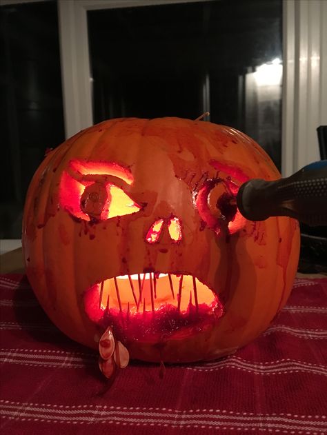 Halloween pumpkin carving ideas. Jack o lantern with cocktail stick teeth and blood. Craving Pumpkins, Pumpkin Inspo, Halloween Pumpkin Carving Ideas, Halloween Pumpkin Crafts, Halloween Pumpkin Carving, Skewer Sticks, Halloween Pumpkin Carving Stencils, Carving Stencils, Amazing Pumpkin Carving