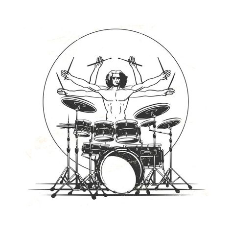 Drummer Tattoo, Drummer Humor, Drummer Art, Drum Tattoo, Da Vinci Vitruvian Man, Arte Heavy Metal, Arte Jazz, Metal Drawing, Drummer T Shirts