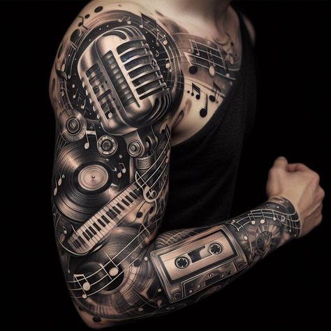 30 Unique Music Tattoo Ideas with Deep Meanings 🎶: Ink Your Passion for Melody - Laugh Lore Music Tattoo Filler, Speaker Tattoo Design, Music Lover Tattoo Men, Music Tattoo Men, Skull Music Tattoo, Vintage Microphone Tattoo, Music Sleeve Tattoo, Music Tattoo Designs Men, Music Notes Tattoos