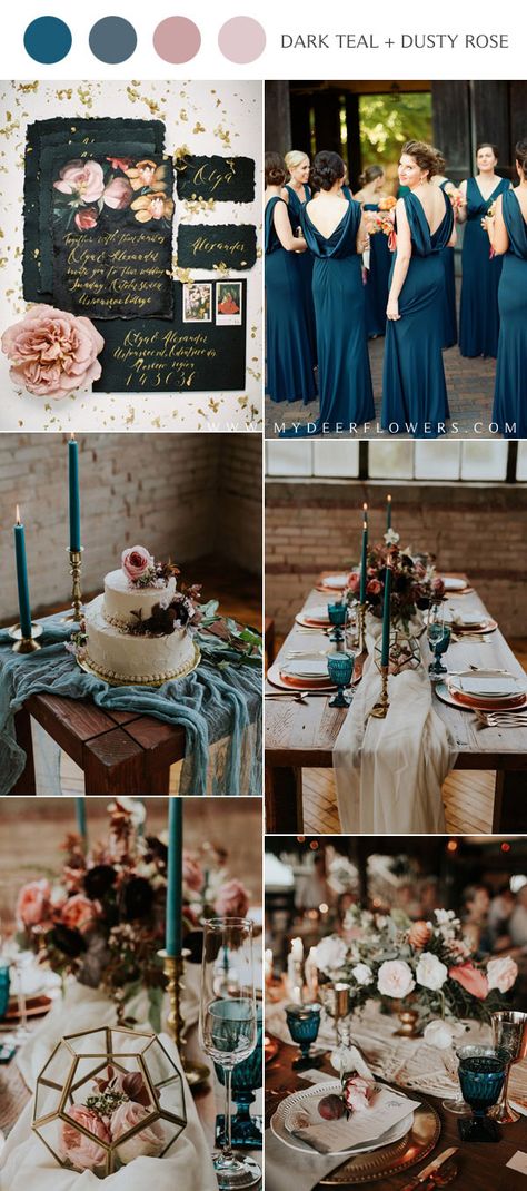 Dark Teal Rose Gold Wedding, Dark Teal And Dusty Rose Wedding, Teal Cream And Gold Wedding, Dark Teal And Blush Wedding, Teal And Dusty Rose Wedding, Wedding Color Schemes Teal, Dark Teal Wedding Colors, Teal And Rose Gold Wedding, Evening Wedding Ideas