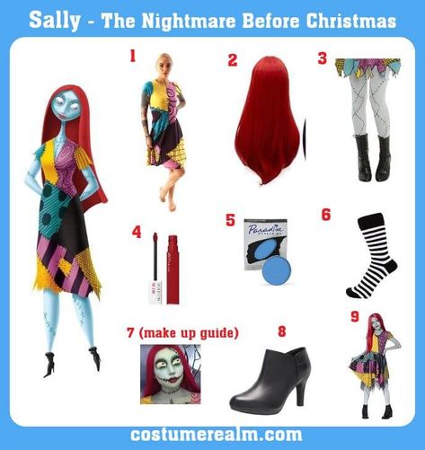 The Night Before Christmas Halloween Costume, Sallie The Nightmare Before Christmas, Nightmare Before Christmas Halloween Diy Costumes, Nightmare Before Christmas Costume Sally, Jack Sally Costume, Nightmare Before Christmas Sally And Jack, Sally's Dress Pattern, Sally From Nightmare Before Christmas Costume, Easy Sally Costume