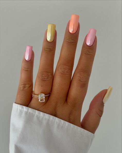 Pastel Chrome 🩷🧡💛 @glossifyofficial @homeofnailart @lucypastorellitools_ @thepromiseringco #chromenails #pastelnails #pinknails… | Instagram Pastel Multicoloured Nails, Pink And Yellow Chrome Nails, Pink And Yellow Nails Design, Pastel Yellow And Pink Nails, Summer Nails With Chrome, Chrome Pastel Nails, Different Colour Nails, Yellow Chrome Nails Designs, Pink And Yellow Nail Designs