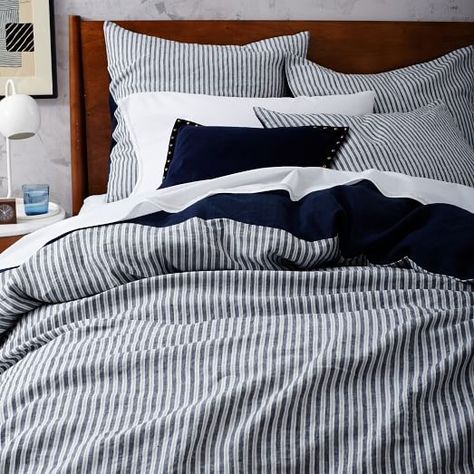 Striped Belgian Flax Linen Duvet Cover + Shams | west elm Pure Linen Bedding, Masculine Bedroom, Colorful Bedding, Striped Bedding, Linen Duvet Cover, Bed Linen Sets, Decoration Inspiration, Linen Duvet, Linen Duvet Covers