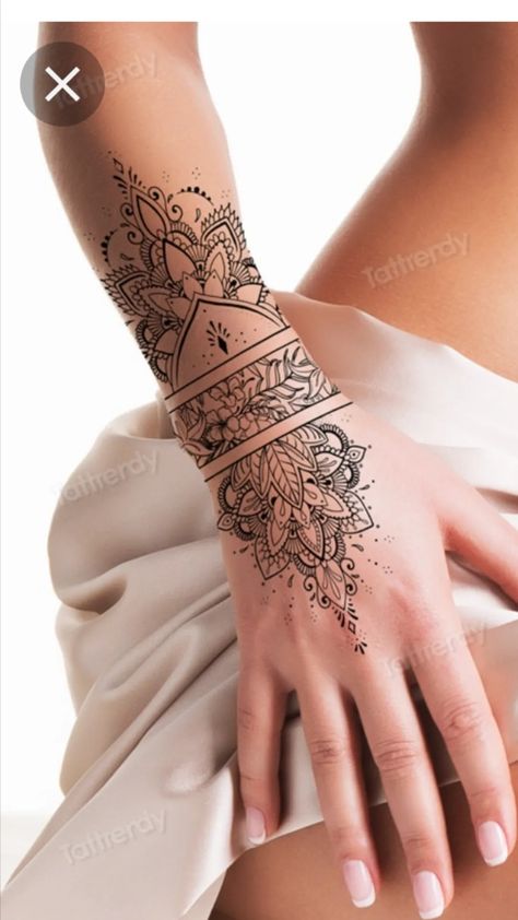 Bohemian Arm Tattoo, Mandala Tattoo Design Women Hand, Hand Tattoos For Women Mandala, Forearm Tattoo Women Sleeve Mandala, Arm Wrist Tattoos For Women, Wrist Hand Tattoos For Women, Mandela Tattoo Hand, Wrist Mandala Tattoo, Mandala Tattoo On Hand Women