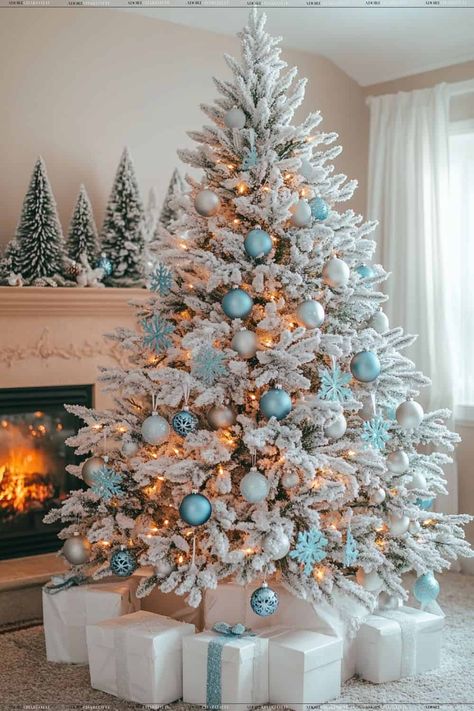 Snow Flocked Fir Christmas Tree Review & Decoration Ideas - Adore Charlotte Frosted Tree Decorations, Snowy Christmas Tree Ideas, Blue Flocked Christmas Tree, Baby Blue Christmas Tree, Toddler Christmas Tree, Winter Entertaining, 6ft Christmas Tree, Christmas Trees Decorated, Frosted Tree