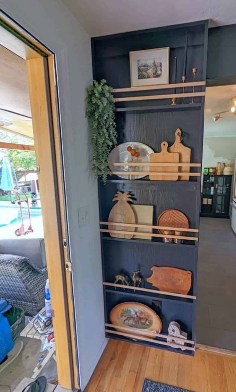 DIY Plate Rack Wall Storage On End Of Cabinets, Wall Shelves Kitchen Small Spaces, Narrow Wall Shelves Kitchen, Wall Rack Design Shelves, Kitchen Wall Shelving Ideas, Wall Plate Rack Display, Wainscoting Patterns, Plate Racks Wall Display, Diy Plate Rack Wall